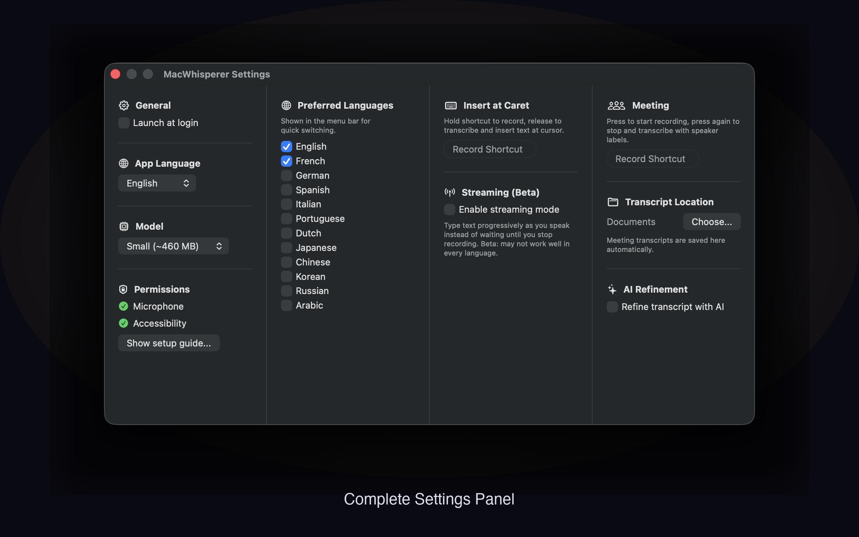 MacWhisperer settings panel