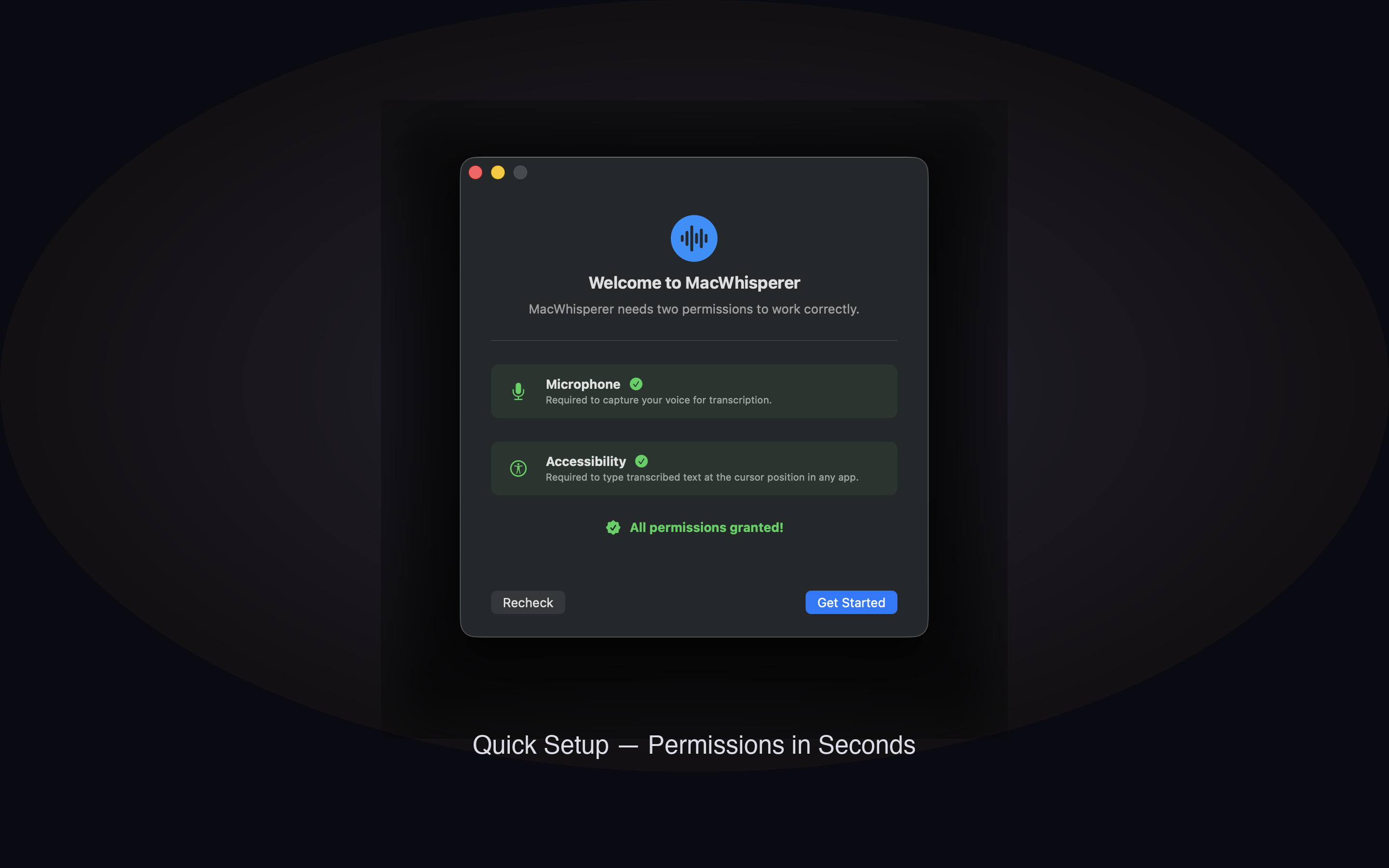 MacWhisperer setup — permissions in seconds